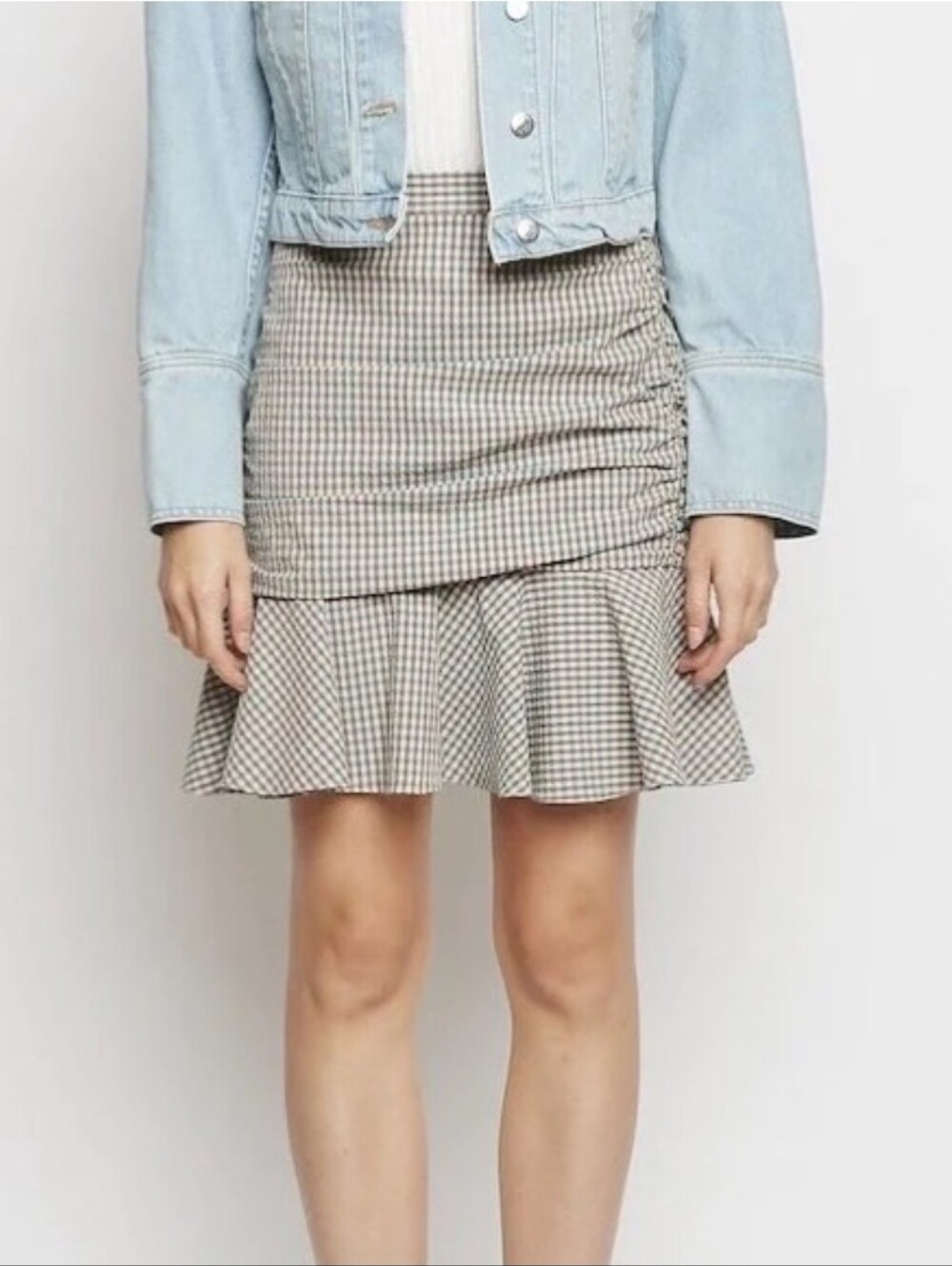 Veronica Beard Tara Ruched Gingham Mini Skirt Size 2 Blue Pink Plaid Ruffle Hem